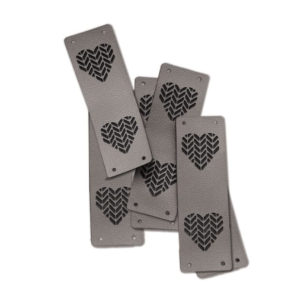 heart fold tags in warm grey faux leather