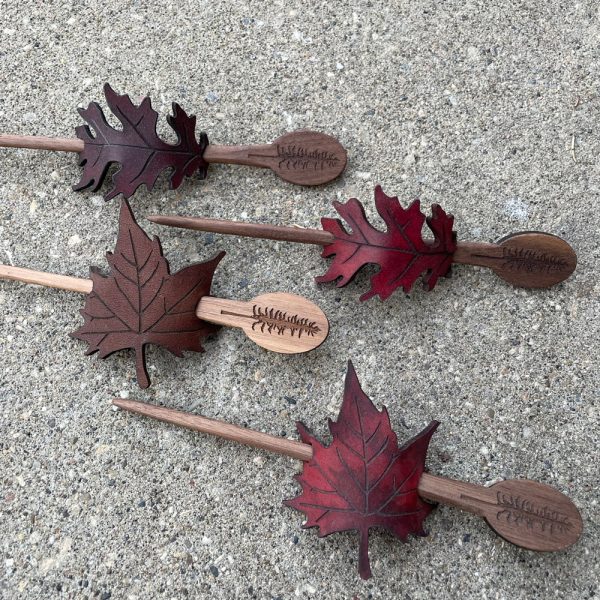 Shawl Pin, leather, leaf, maple, oak, walnut stick