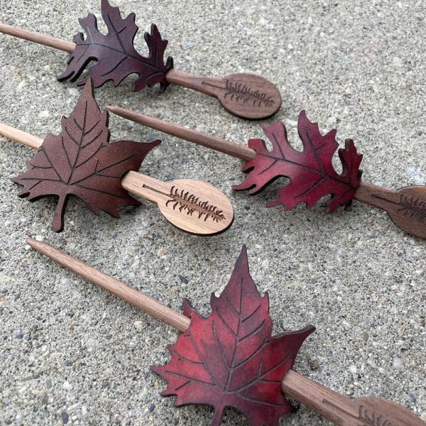 Shawl Pin, leather, leaf, maple, oak, walnut stick